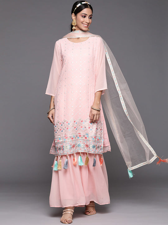 Indo Era Pink Embroidered Straight Kurta Sharara With Dupatta Set