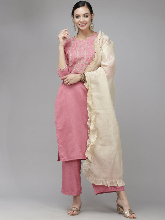 Indo Era Pink Embroidered Straight Kurta Trouser With Dupatta Set
