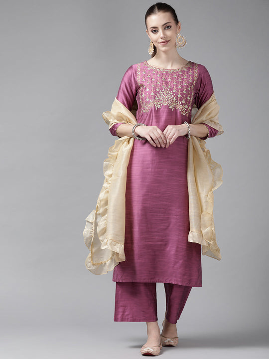 Indo Era Pink Embroidered Straight Kurta Palazzo With Dupatta Set