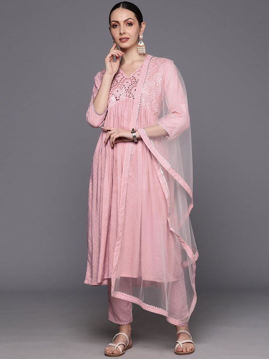 Indo Era Pink Embroidered Pleated Mirror Work Kurta with Trousers & With Dupatta