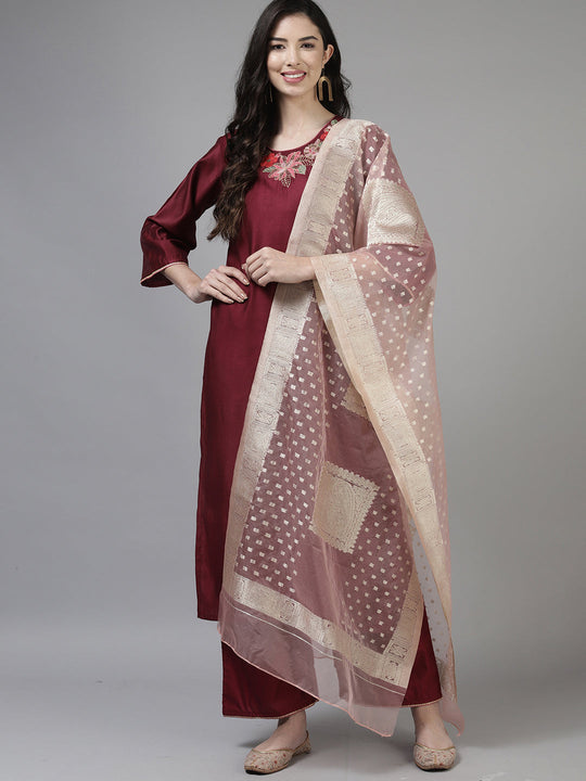Indo Era Purple Embroidered Straight Kurta Palazzo with Dupatta Set
