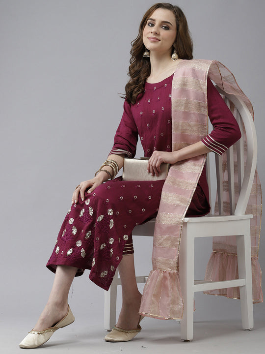 Indo Era Purple Foil Floral Printed Straight Kurta Pant with Dupatta Set