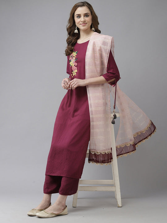 Indo Era Purple Embroidered Kurta Palazzo with Dupatta Sets
