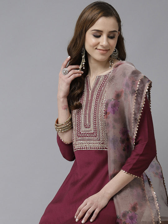 Indo Era Purple Embroidered A-line Kurta Trouser With Dupatta Set