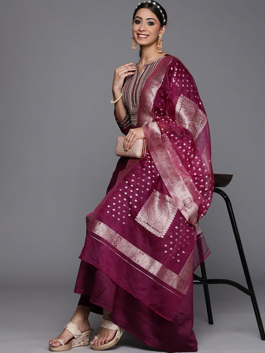 Indo Era Purple Embroidered A-line Kurta Trouser With Dupatta Set