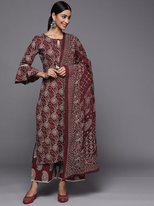Indo Era Purple Solid Straight Kurta Palazzo With Dupatta Set