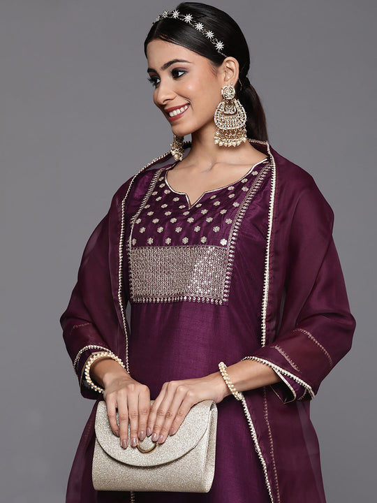 Indo Era Purple Solid Straight Kurta Trouser With Dupatta Set
