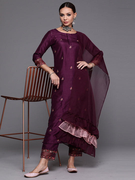 Indo Era Purple Embroidered Straight Kurta Trouser With Dupatta Set