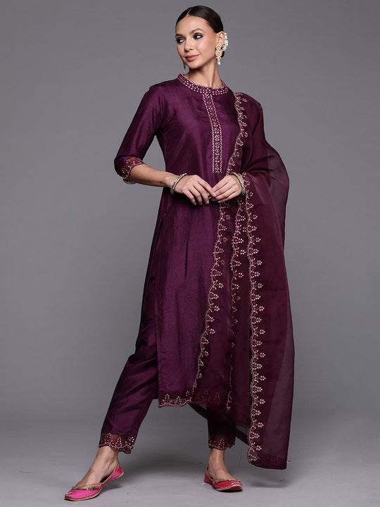 Indo Era Purple Embroidered Straight Kurta Trouser With Dupatta Set