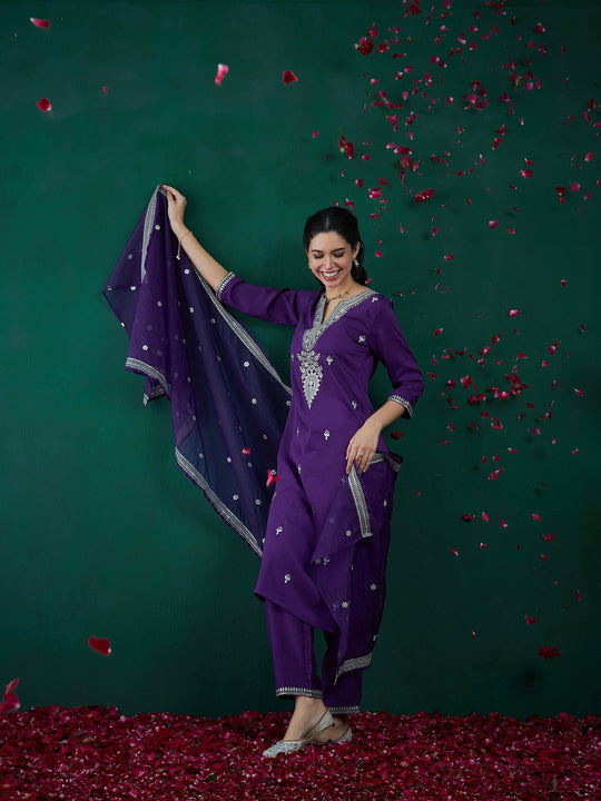 Indo Era Purple Embroidered Straight Kurta Trousers With Dupatta set