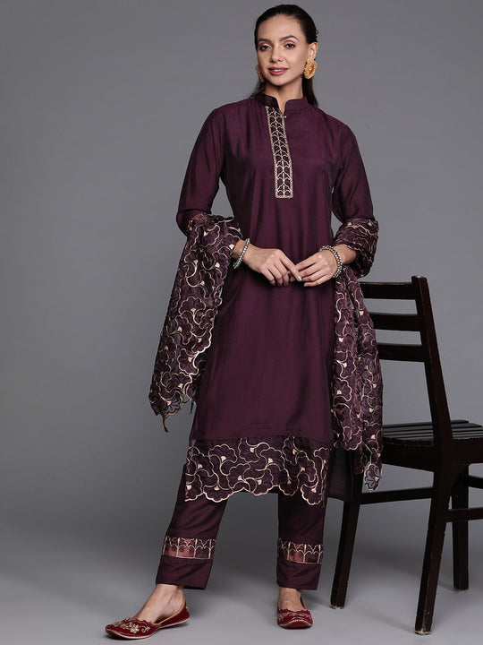 Indo Era Purple Solid Straight Kurta Trouser With Dupatta Set