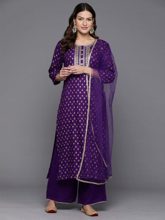 Indo Era Purple Embroidered Straight Kurta Palazzos With Dupatta Set