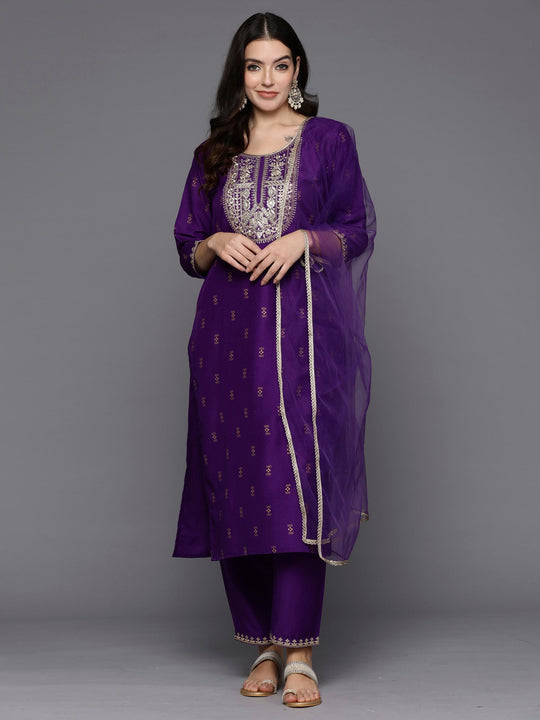 Indo Era Purple Embroidered Straight Kurta Trousers With Dupatta Set