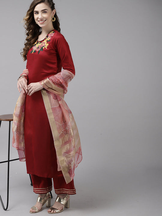 Indo Era Red Embroidered Straight Kurta Palazzo with Dupatta Set
