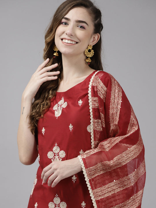 Indo Era Red Embroidered Straight Kurta Palazzo With Dupatta Set