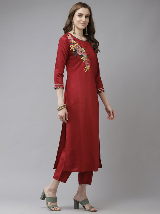 Indo Era Red Embroidered Kurta Palazzo with Dupatta Sets