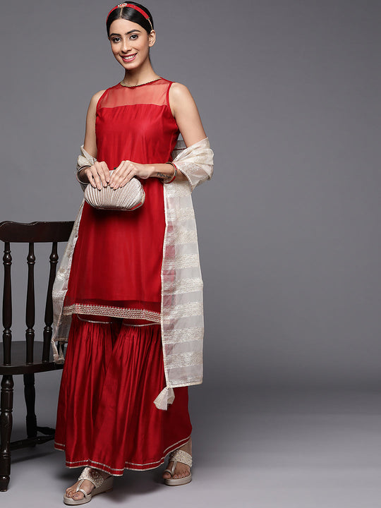 Indo Era Red Solid Straight Kurta Sharara With Dupatta Set