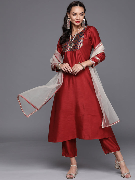 Indo Era Red Solid Straight Kurta Palazzo With Dupatta Set