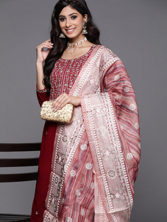 Indo Era Red Embroidered Straight Kurta Palazzos With Dupatta Set