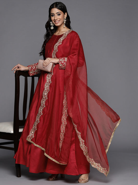 Indo Era Red Solid A Line Kurta With Dupatta Set
