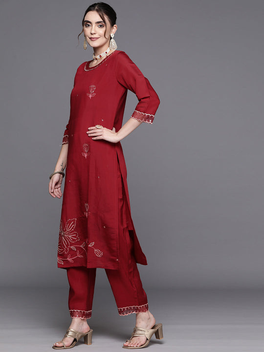 Indo Era Red Embroidered Straight Kurta Trousers With Dupatta Set
