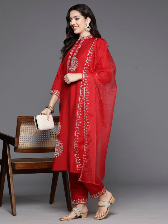 Indo Era Red Embroidered Straight Kurta Trousers With Dupatta Set