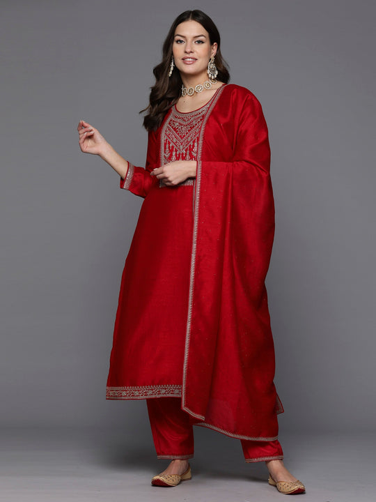 Indo Era Red Embroidered Straight Kurta Trousers With Dupatta set