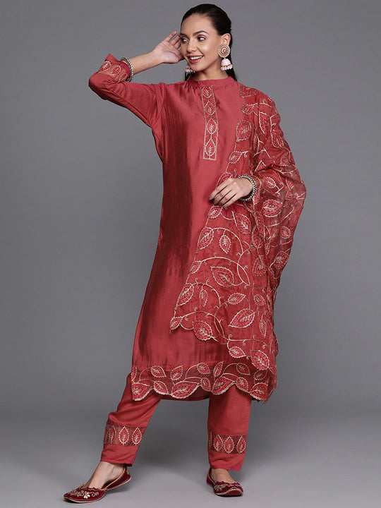 Indo Era Red Solid Straight Kurta Trouser With Dupatta Set