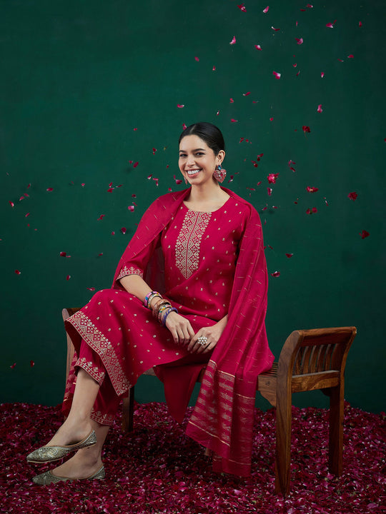 Magenta Embroidered Straight Kurta Trousers With Dupatta