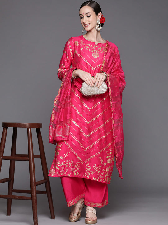 Indo Era Pink Printed Straight Kurta Palazzos With Dupatta Set