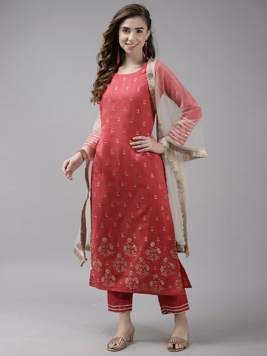 Indo Era Pink Embroidered Straight Kurta Palazzo With Dupatta Set
