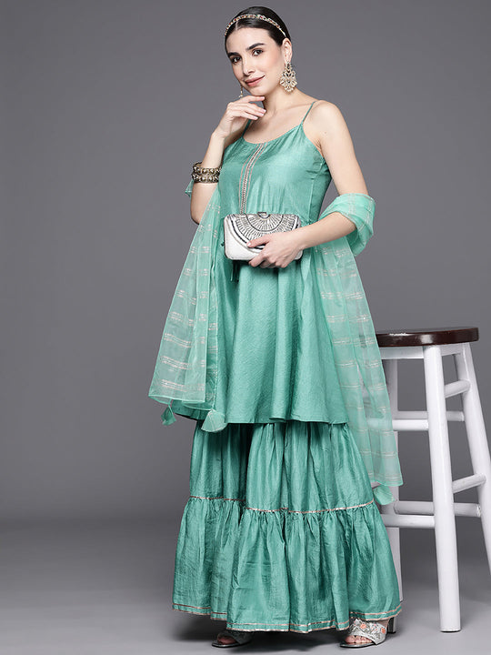 Indo Era Sea Green Solid A-Line Kurta Sharara With Dupatta Sets