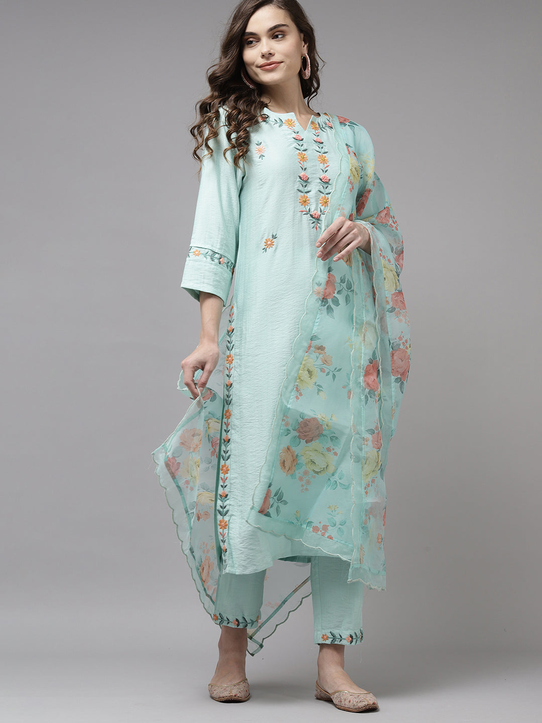 Indo Era Sea Green Embroidered Straight Kurta Trouser With Dupatta