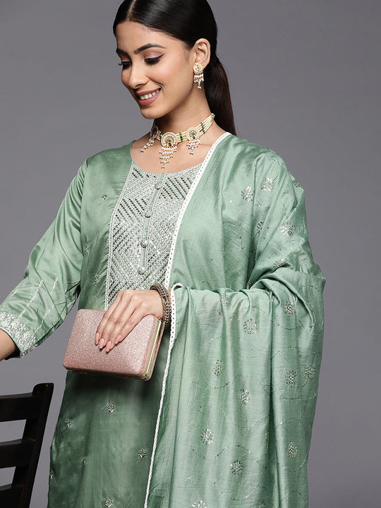 Indo Era Sea Green Embroidered Straight Kurta Trousers With Dupatta Set