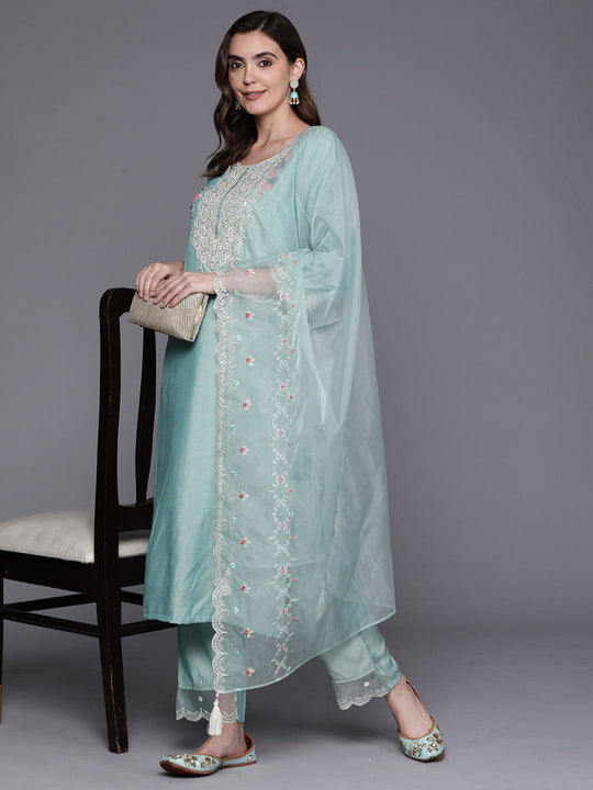 Indo Era Sea Green Embroidered Straight Kurta Trousers With Dupatta Set