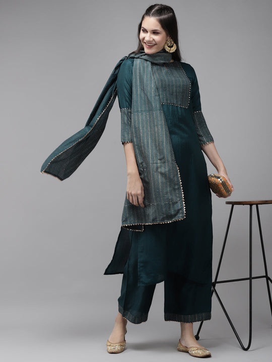 Indo Era Teal Solid Straight Kurta Trouser With Dupatta Sets