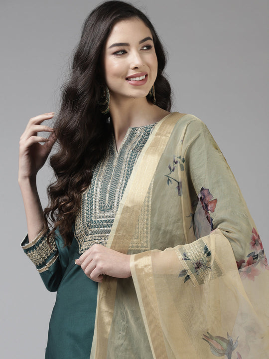 Indo Era Teal Embroidered Straight Kurta Trouser With Dupatta Set