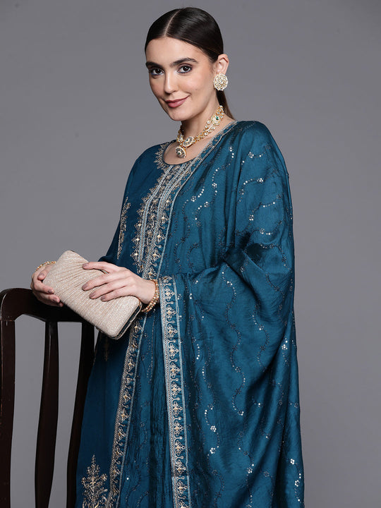 Indo Era Teal Embroidered Ethnic Straight Kurta Trousers With Dupatta Set