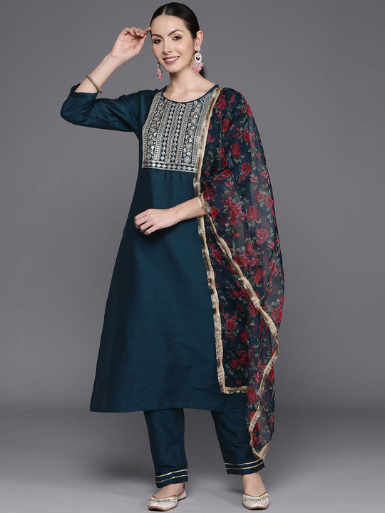 Indo Era Teal Floral Embroidered Zari Chanderi Silk Kurta with Trousers & Dupatta