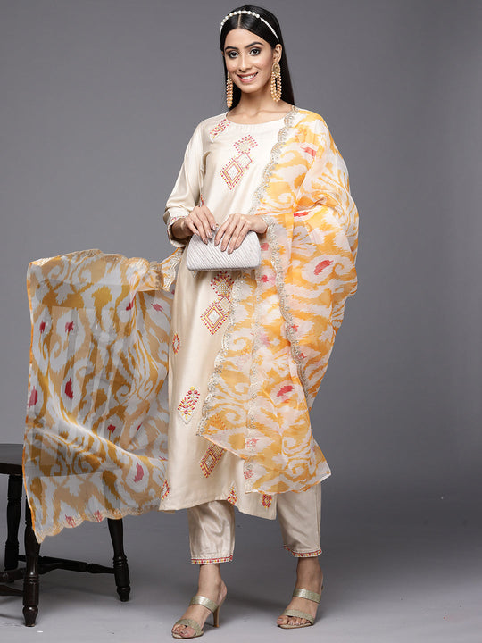 Indo Era Kesariya White Embroidered Straight Kurta Trouser With Dupatta Set