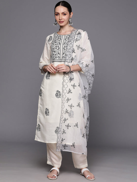 Indo Era White Floral Embroidered Regular Thread Work Kurta with Trousers & With Dupatta