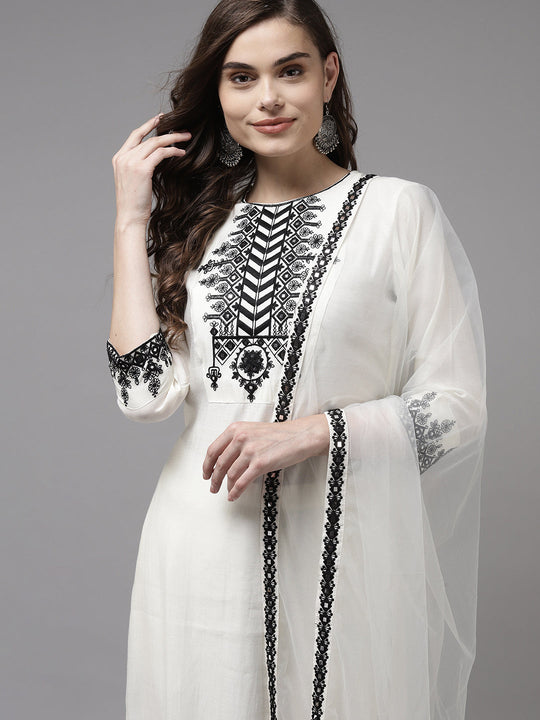 Indo Era White Cotton Blend Straight Kurta With Palazzos With Dupatta