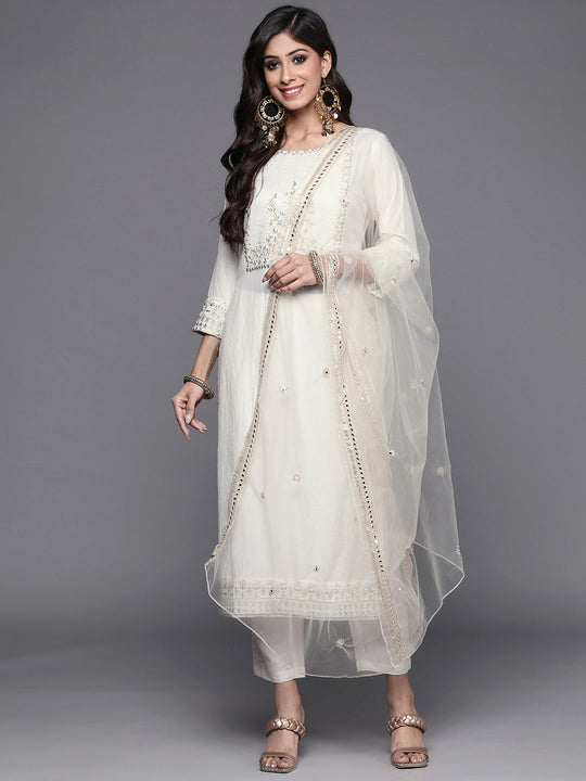 Indo Era White Floral Embroidered Straight Kurta Trouser With Dupatta Set