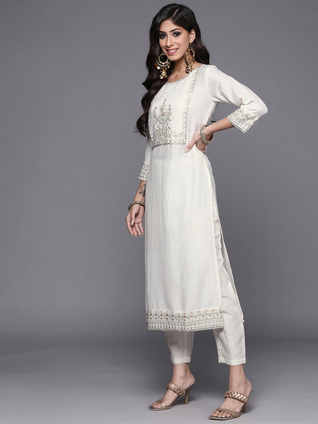 Women White Embroidered Kurta Trouser Dupatta