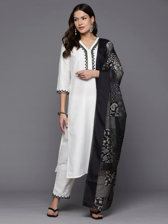 Indo Era White Embroidered Straight Kurta Trousers With Dupatta Set