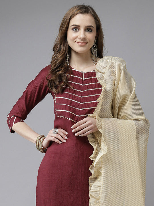 Indo Era Wine With Yoke Straight Kurta With Palazzo And Dupatta