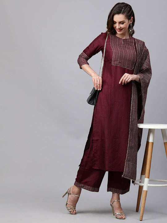 Indo Era Wine Solid Straight Kurta Trouser With Dupatta Sets