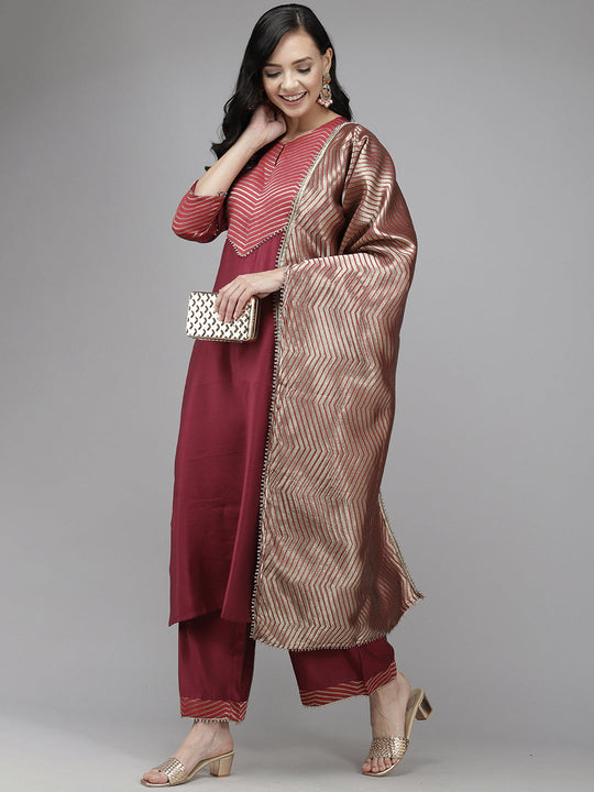 Indo Era Wine Solid Straight Kurta Palazzo With Dupatta Set