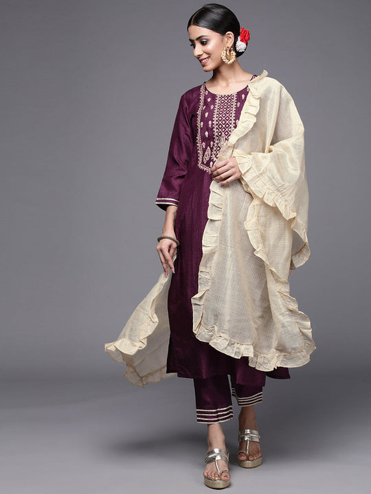 Indo Era Wine Solid Straight Kurta Palazzo With Dupatta Set