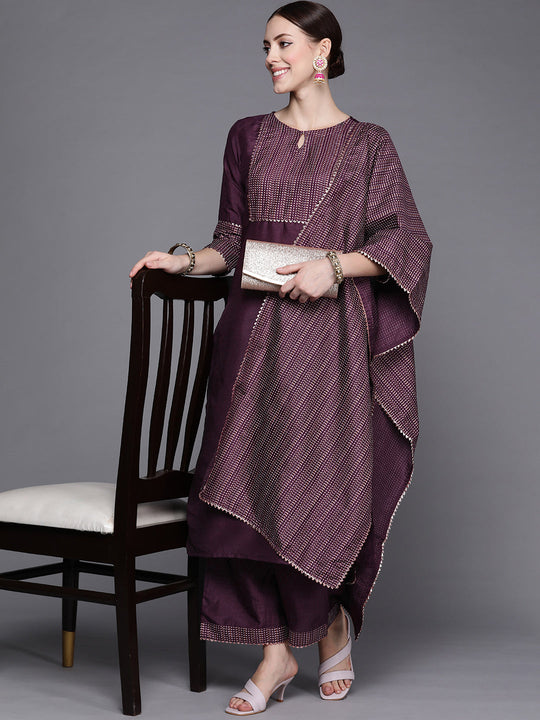 Indo Era Wine Solid Straight Kurta Palazzo With Dupatta Set